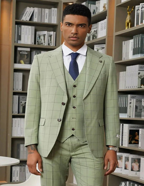 Men's Stacy Adam's Two Button Wide Notch Lapel Vested Sage Green Windowpane Plaid Suit