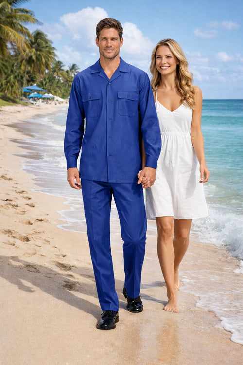 Mens Luxury Sapphire Blue Wool Two-Piece Leisure Walking Suit