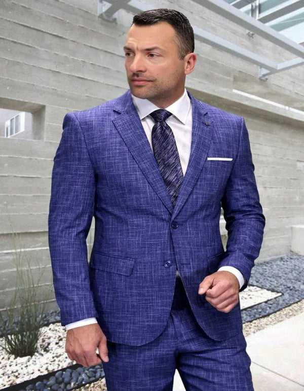 Cobalt Blue Suit - Men's Designer Modern Fit Italian Wool Sapphire Blue Plaid Suit