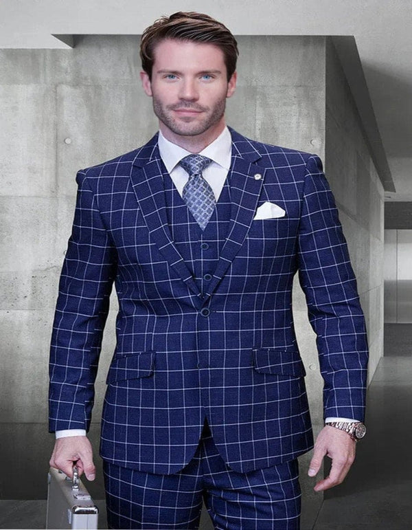 Cobalt Blue Suit - Men's Designer Two Button Vested Wool Sapphire Blue Windowpane Plaid Suit