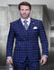 Cobalt Blue Suit - Men's Designer Two Button Vested Wool Sapphire Blue Windowpane Plaid Suit