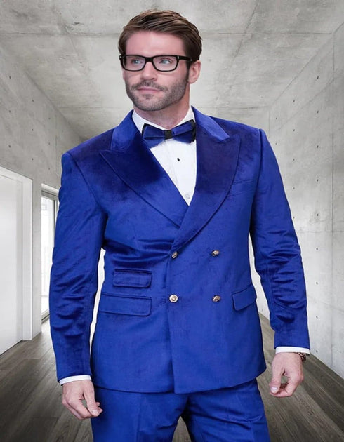 Cobalt Blue Suit - Men's Designer Double Breasted Velvet Sapphire Blue Gold Buttons