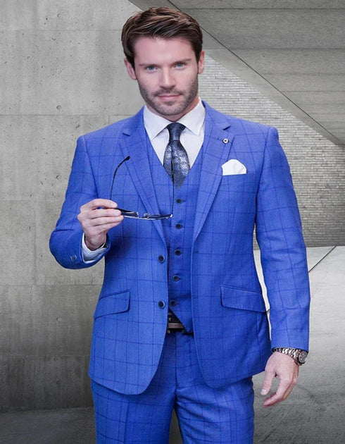 Cobalt Blue Suit - Men's Designer Modern Fit Wool Vested Sapphire Blue Tonal Windowpane Plaid Suit