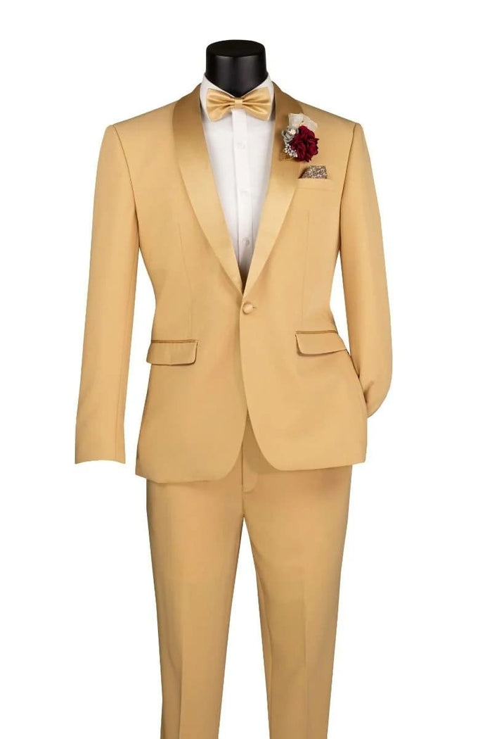 Light Gold Tuxedo Suit for Men â€“ Elegant Two-Piece Wedding and Prom Suit with Satin Shawl Lapel - Mustard Color