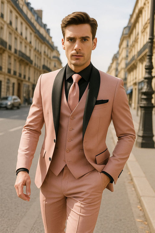 Men's Light Pink 3-Piece Tuxedo Suit with Black Satin Shawl Lapel â€“ Formal Wear - Ultra Slim Fitted in Blush color