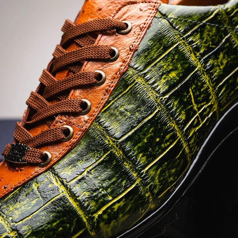 Marco Di Milano Saulo Men's Shoes Green & Cognac Exotic Ostich / Alligator Casual Sneakers