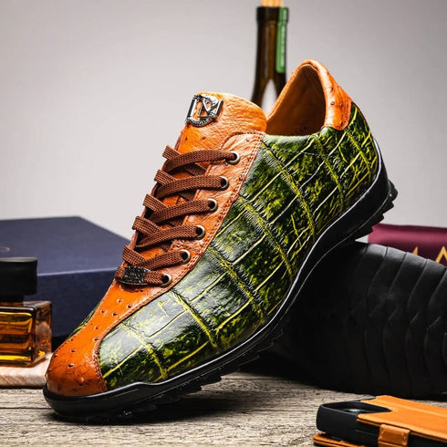 Marco Di Milano Saulo Men's Shoes Green & Cognac Exotic Ostich / Alligator Casual Sneakers