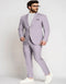 Men's lavender seersucker suit. Includes a fitted blazer with notched lapel & pocket square, plus tailored pants. Vertical striped pattern on lightweight, textured cotton.
