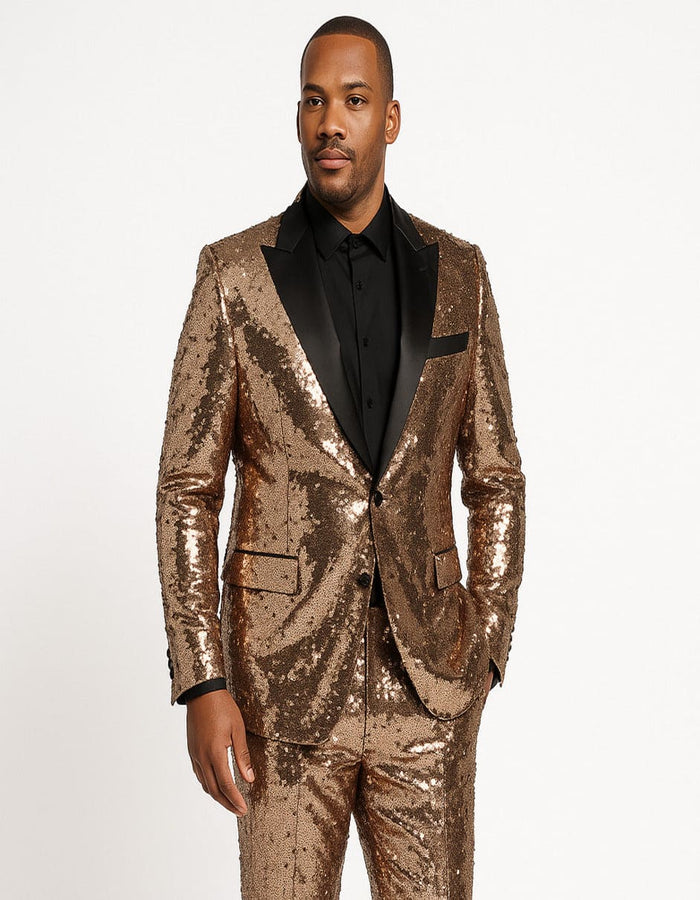 Men's Rose Gold Sequin Tuxedo Suit with Black Satin Lapel â€“ Luxury Slim Fit Blazer for Parties and Events