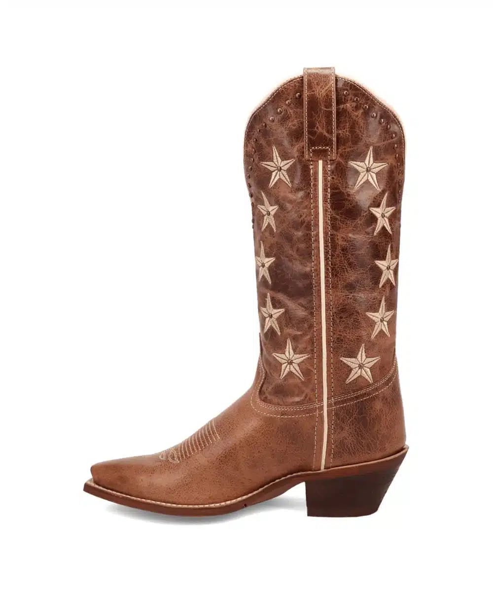 Laredo Serenade women's boot: tall, pointed, brown leather. Cream star accents on shaft. Stacked heel. Stylish and Western-inspired.
