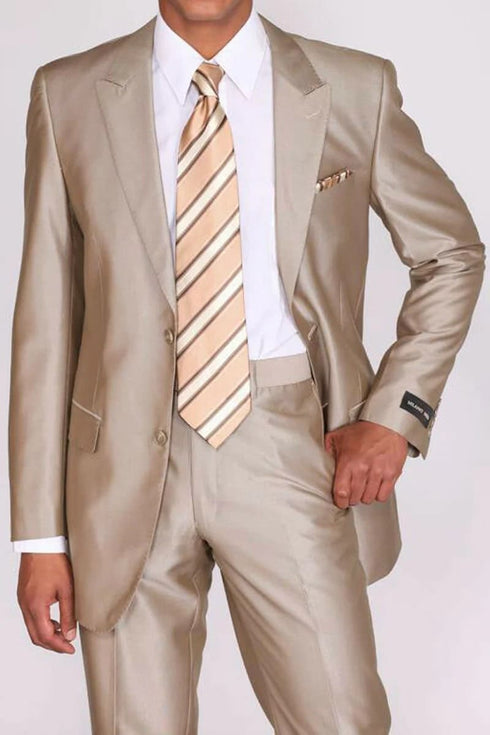 Mens 2 Button Peak Lapel Shiny Sharkskin Suit in Tan