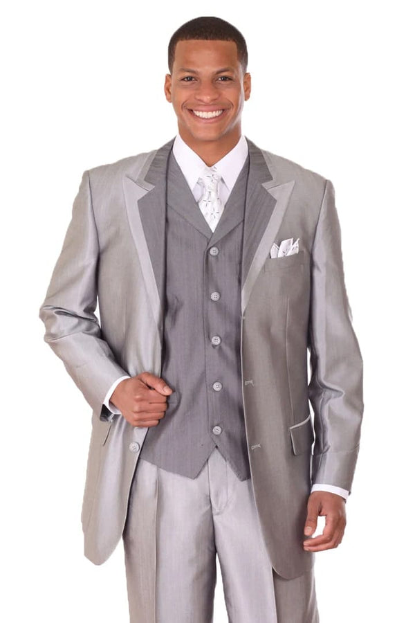 Mens 3 Button Vested Wide Peak Lapel Two Tone Sharkskin Silver Grey Suit