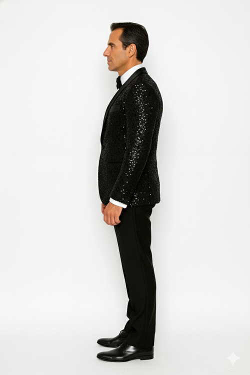 Men's Sharkskin Flashy Stage Shiny Sequin Paisley Blazer Dinner Jacket 1 Button Black Sport Coat Jacket