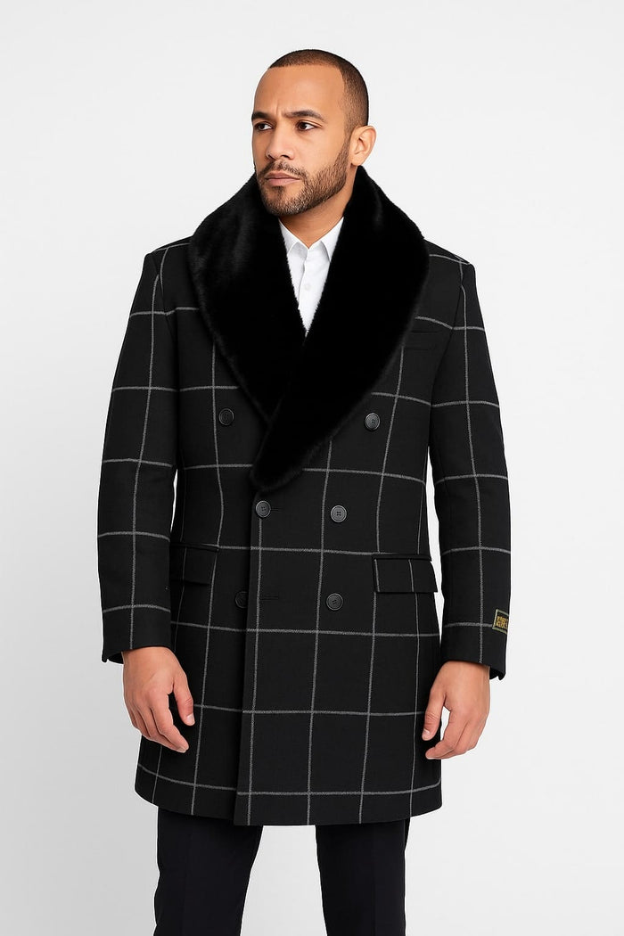 Mens Black Windowpane Wool Overcoat with Faux Fur Shawl Collar Double-Breasted Long Coat