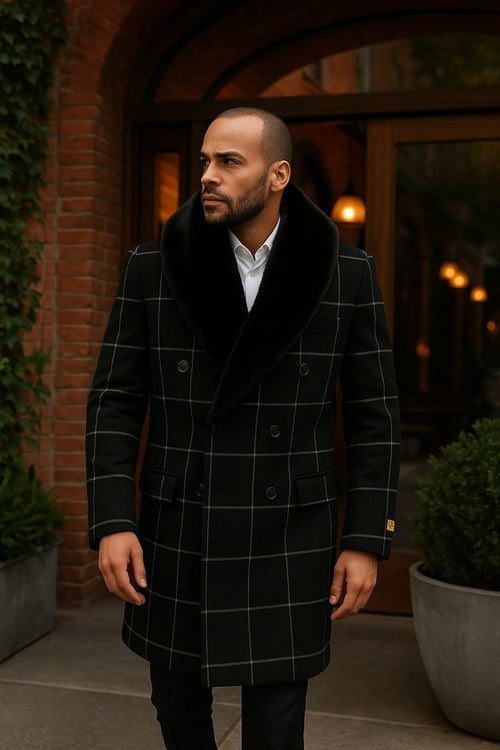 Mens Black Windowpane Wool Overcoat with Faux Fur Shawl Collar â€“ Double-Breasted Long Coat
