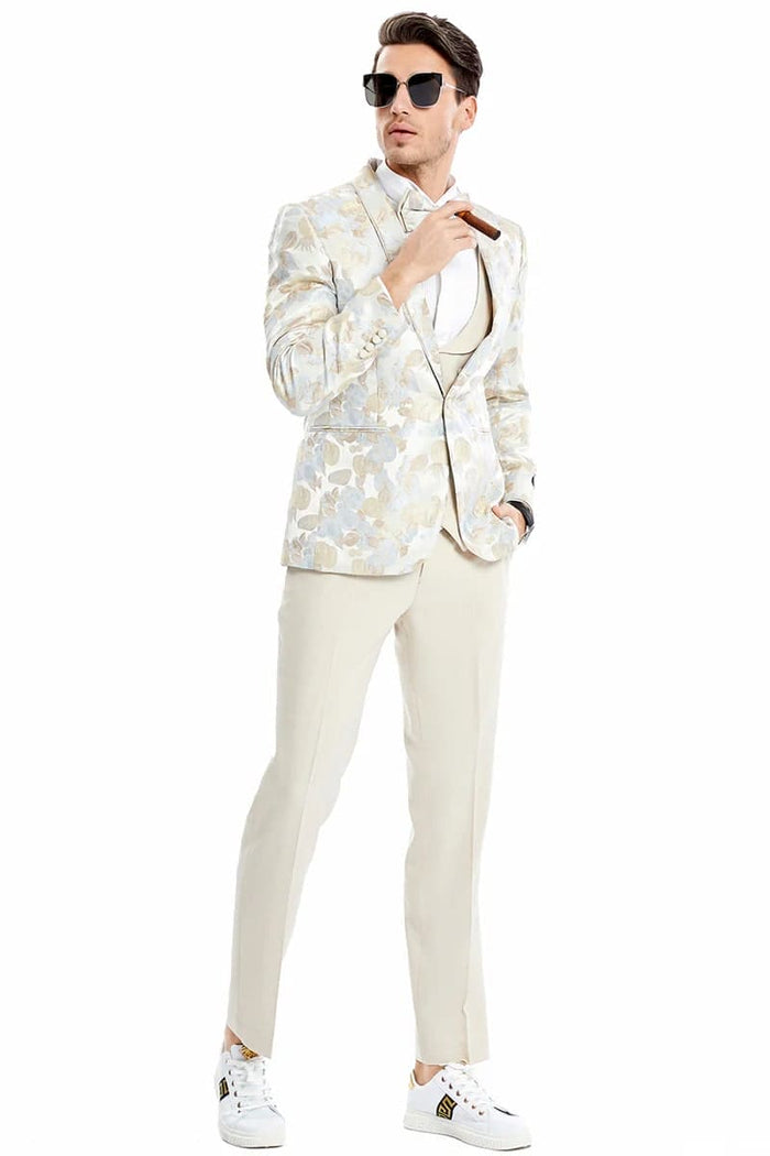 Mens One Button Floral Solid Textured Vest Wedding Dinner Jacket Tuxedo Suit in Tan