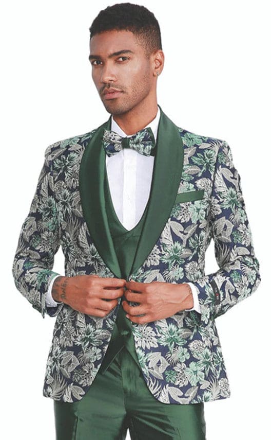 Men's Slim Fit One Button Shawl Collar Vested Paisley Shawl Lapel Prom Tuxedo in Hunter Green