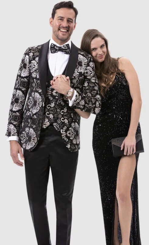 Mens Modern Vested Shawl Lapel White Gold Black Paisley Prom Tuxedo