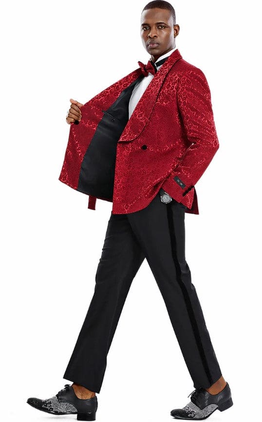 Mens Slim Fit Double Breasted Skinny Fit Prom and Wedding Tuxedo Burgundy and Black Paisley
