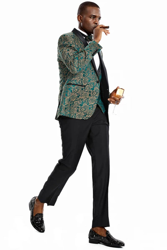 Mens One Button Vested Prom and Wedding Shawl Tuxedo in Green and Gold