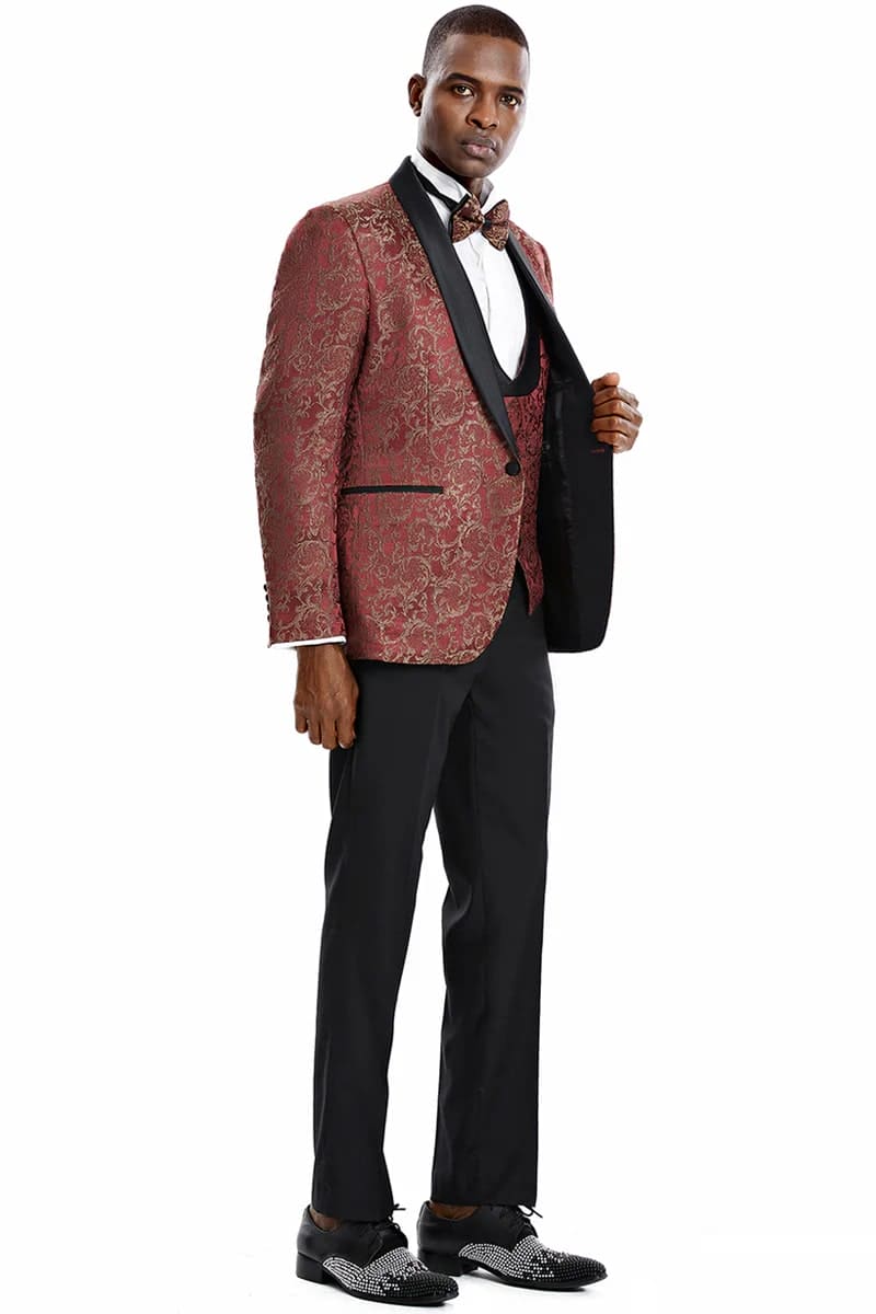 Mens One Button Vested Prom and Wedding Shawl Tuxedo in Red and Gold