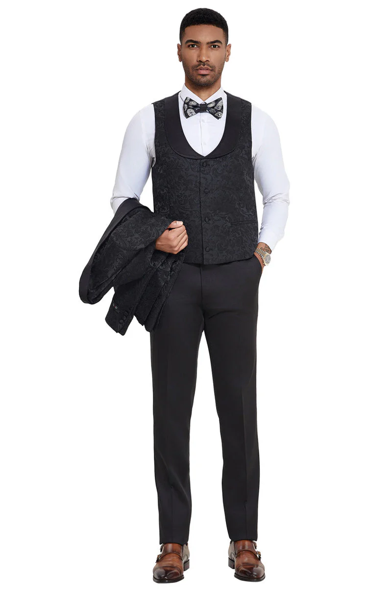 Mens Designer Wedding & Prom Shawl Lapel Vested Paisley Tuxedo in Black