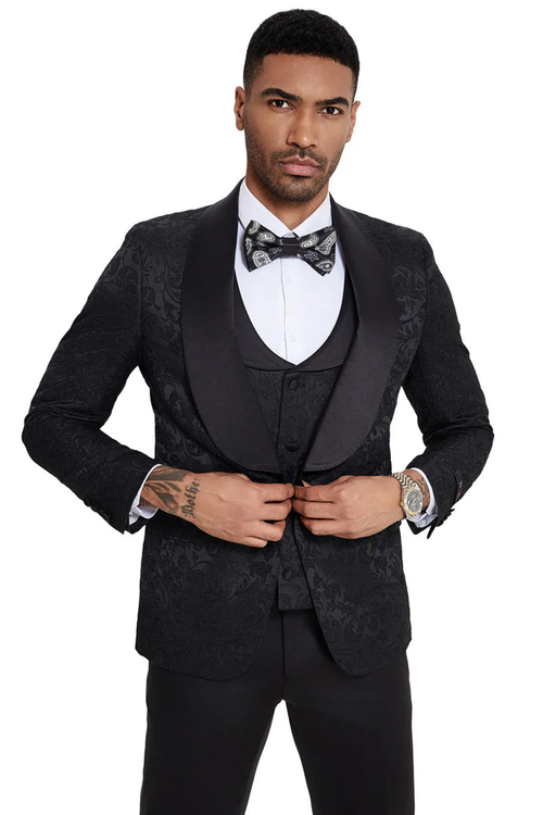 Mens Designer Wedding & Prom Shawl Lapel Vested Paisley Tuxedo in Black