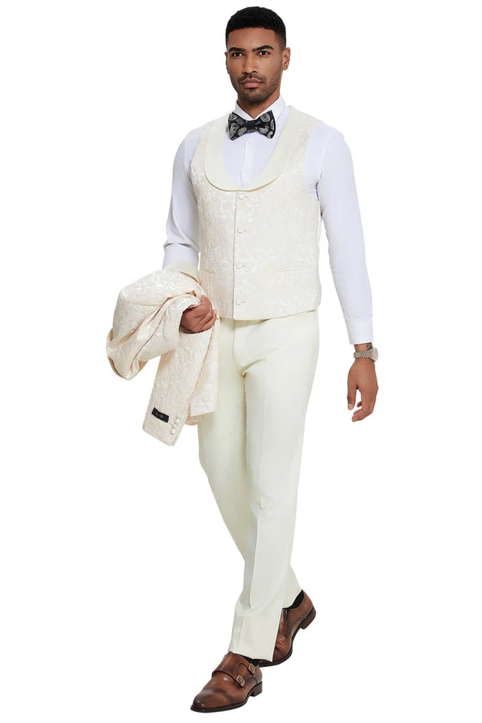 Ivory paisley tuxedo for men: shawl lapel, vested, slim-fit pants. Features textured fabric and an intricate paisley pattern. Includes ivory blazer. Perfect for weddings & proms.
