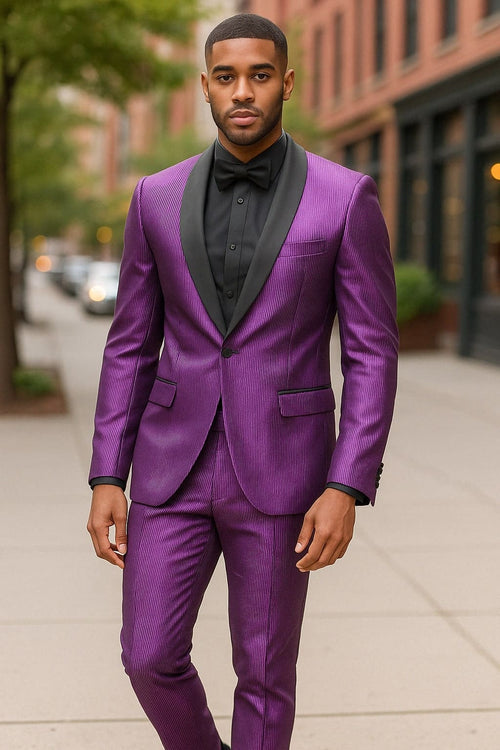 Mens Shiny Purple Tuxedo Jacket with Black Satin Shawl Lapel â€“ Formal Party Blazer for Prom and Weddings