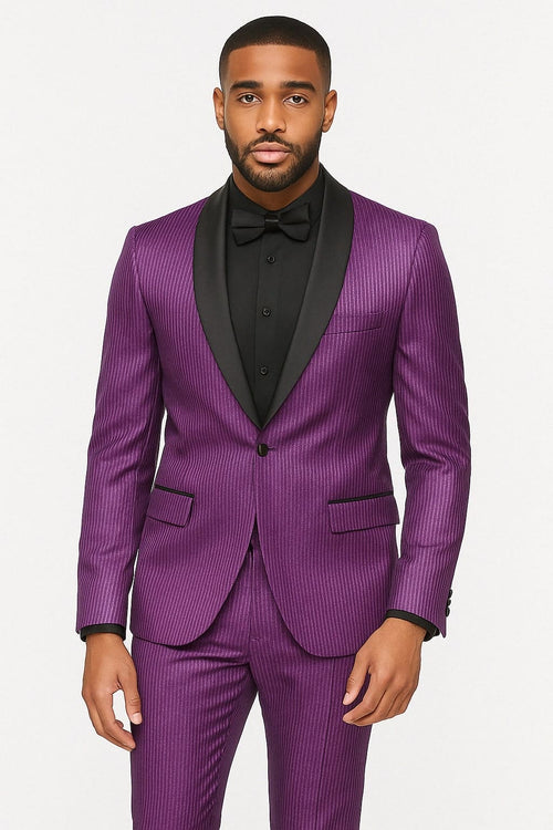 Mens Shiny Purple Tuxedo Jacket with Black Satin Shawl Lapel â€“ Formal Party Blazer for Prom and Weddings