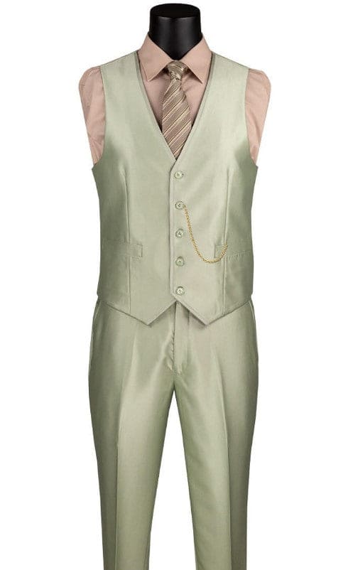 Mens Notch Label Slim Fit Fancy Prom Suit Shiny Sage Green 3 Piece Suit