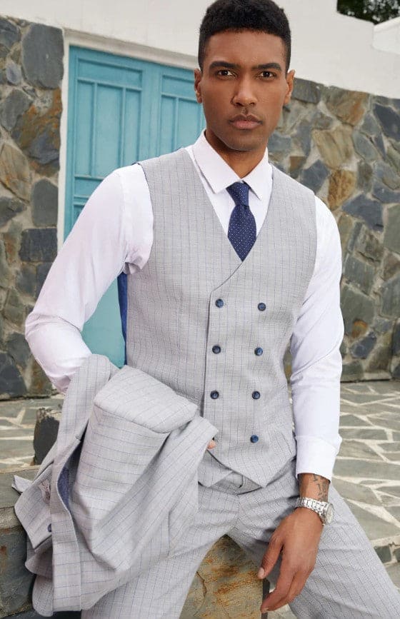 Mens Grey Pinstripe Suit - One Button Peak Lapel Gray Pinstripe Suit Light Grey