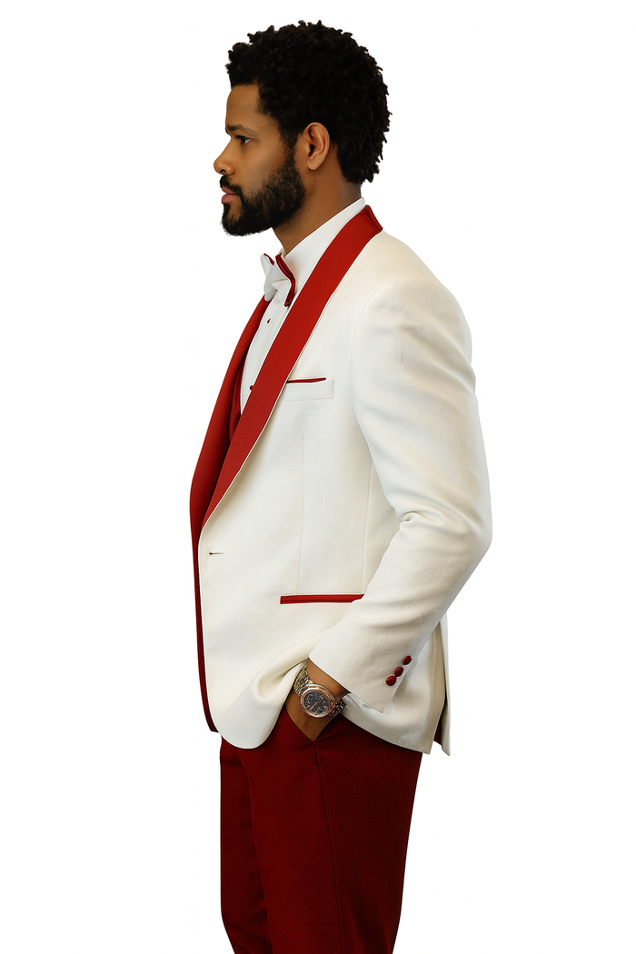 Hilton's paisley tuxedo: white jacket with red shawl collar & piping, matching vest, and fitted wool pants. Classic elegance for a distinguished look.
