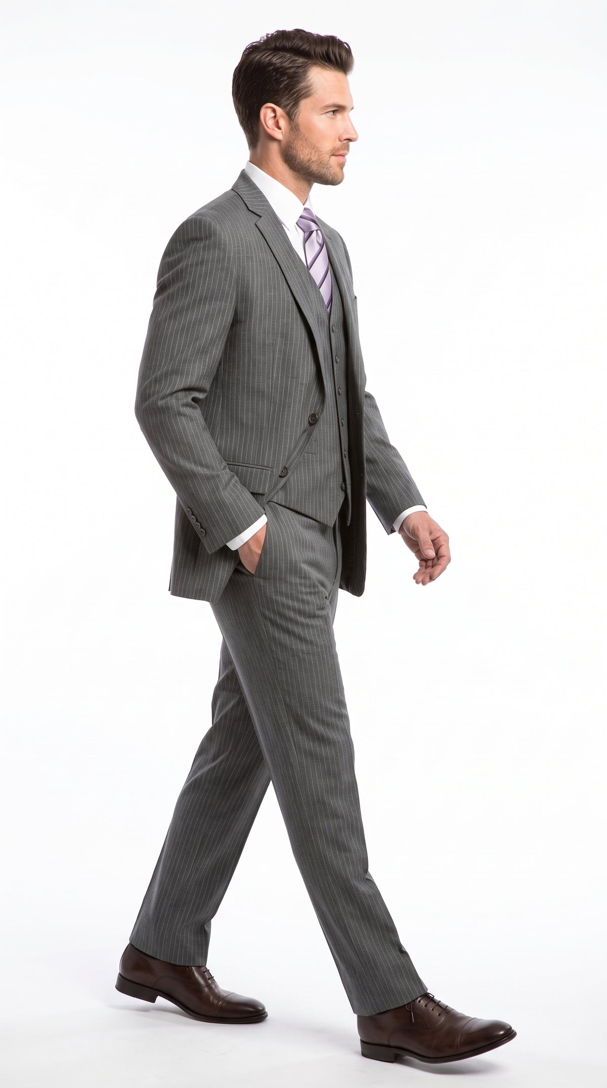 Men's Light Grey Pinstripe 3-Piece Vested Business Suit – Classic Two-Button Charcoal Gray Striped Formal Suit