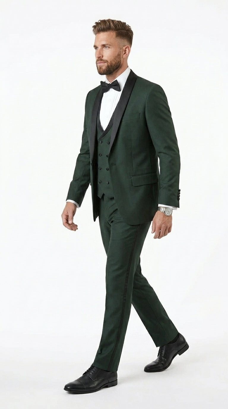 Men’s Hunter Green Vested Tuxedo Suit with Black Trim Shawl Lapel, Wedding Prom Formal Suit Set