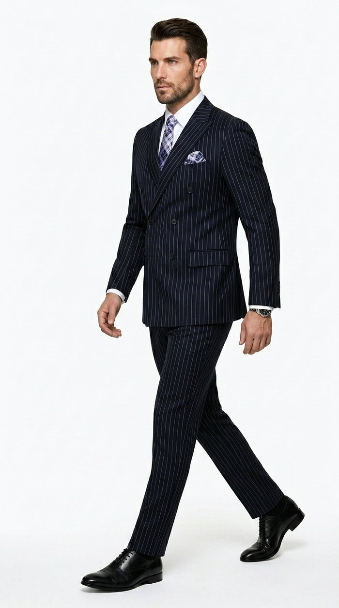 Men’s Navy Pinstripe Double Breasted Suit, Statement Formal Wedding Business Dress Suit