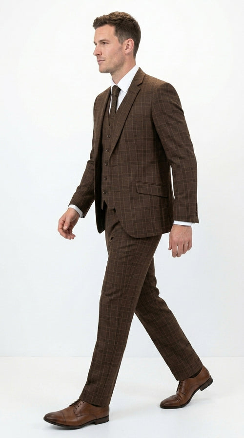 Men’s Brown Windowpane Plaid 3 Piece Suit, Classic Formal Wedding Business Dress Suit Set