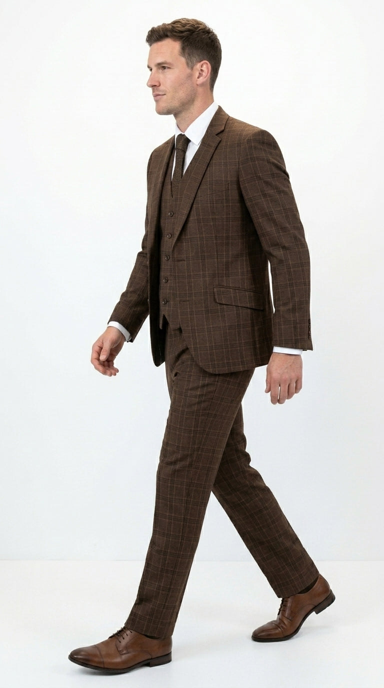 Men’s Brown Windowpane Plaid 3 Piece Suit, Classic Formal Wedding Business Dress Suit Set