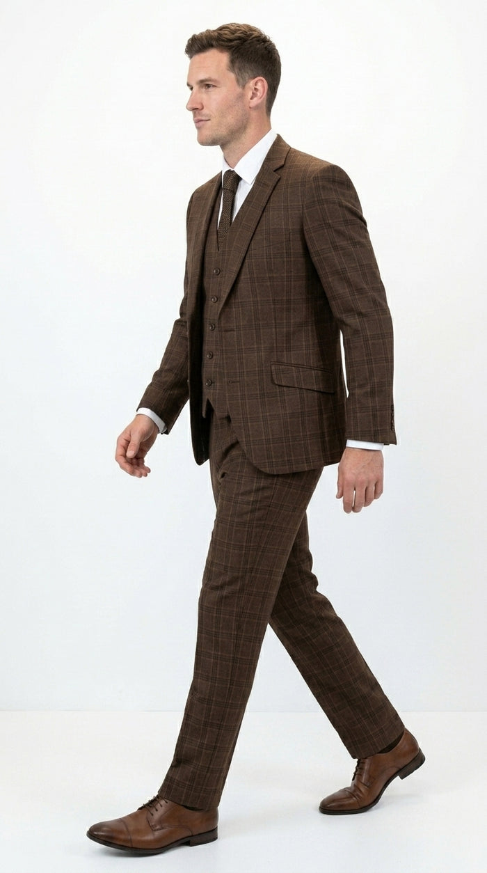 Men’s Brown Windowpane Plaid 3 Piece Suit, Classic Formal Wedding Business Dress Suit Set