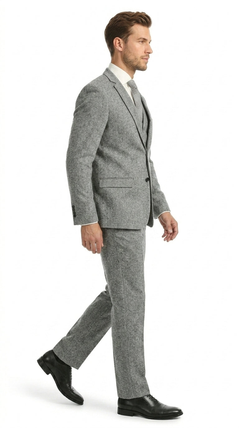Mens Grey Tweed Three Piece Suit Vintage British Fabric Slim Fit Wedding & Business Wear