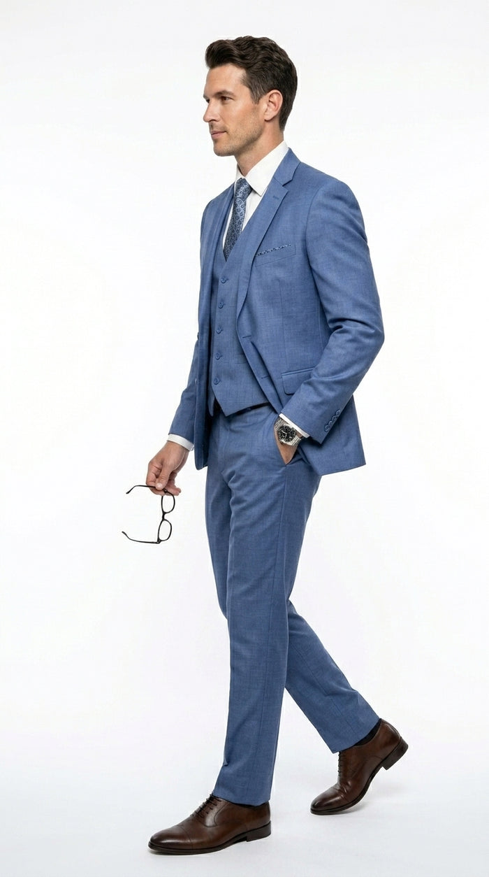 Men’s Steel Blue 3 Piece Prom Suit, Dusty Blue Vested Wedding Formal Suit Set