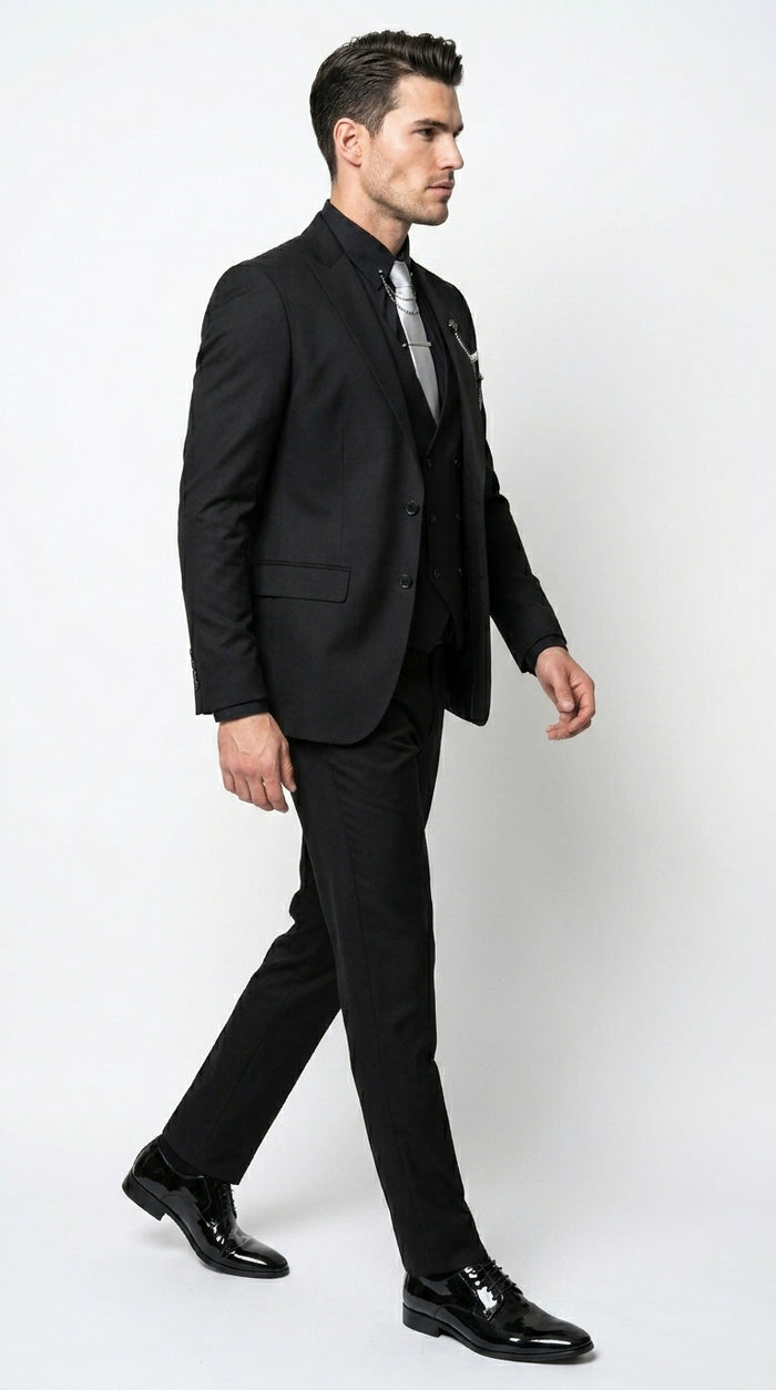 Men’s Black 3 Piece Suit with Double Breasted Vest, Formal Wedding Prom Business Dress Suit Set