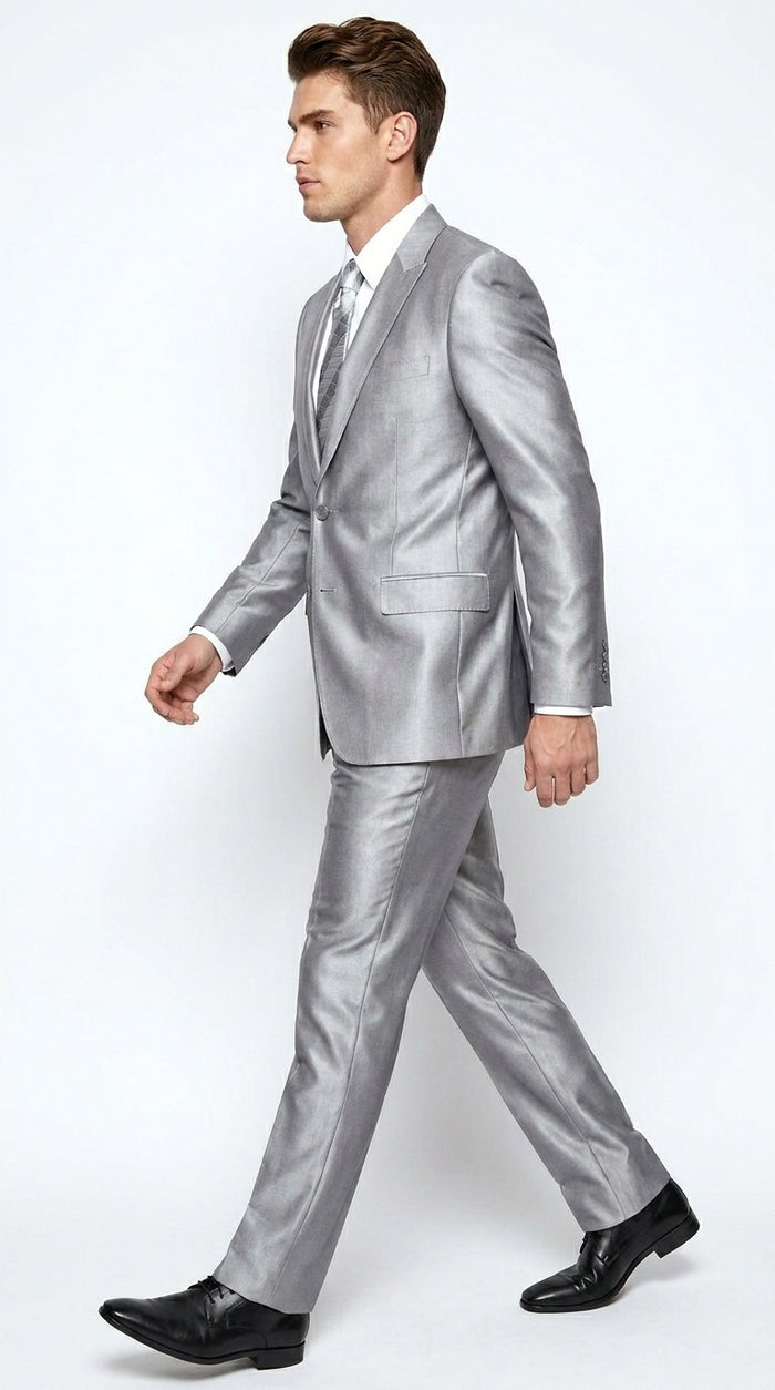 Men’s Silver Shiny Sharkskin 2 Button Suit, Peak Lapel Formal Wedding Prom Dress Suit Set