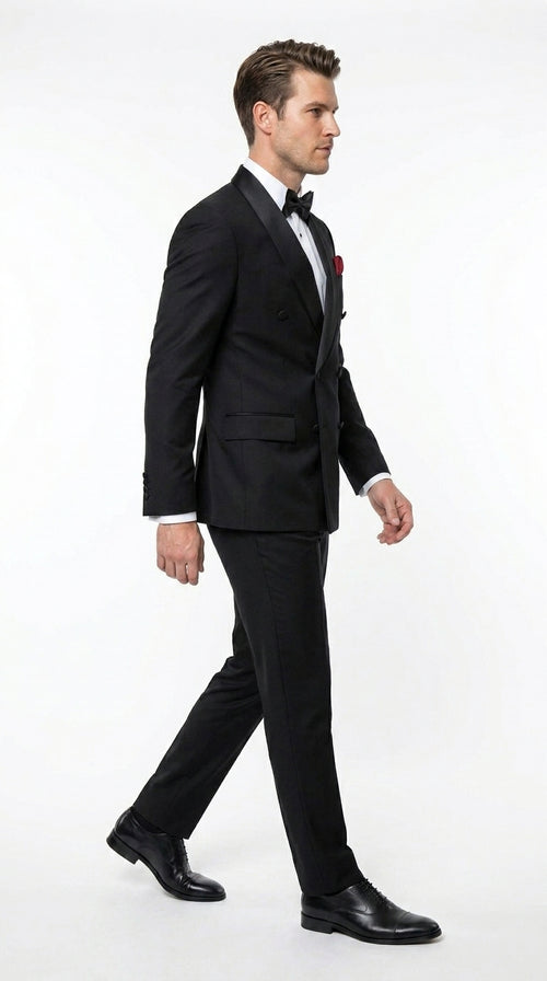 Men’s Black Six Button Double Breasted Tuxedo, 2 Piece Formal Wedding Suit