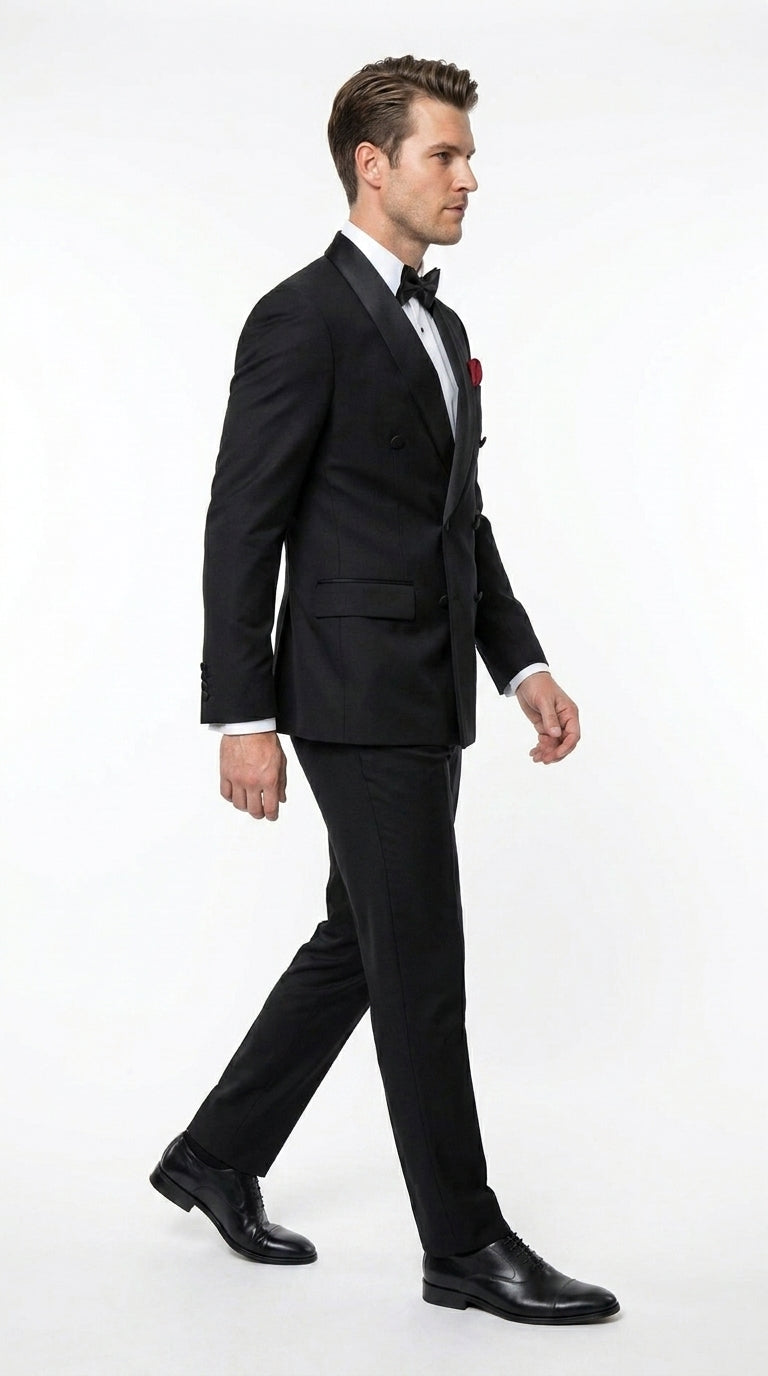 Men’s Black Six Button Double Breasted Tuxedo, 2 Piece Formal Wedding Suit