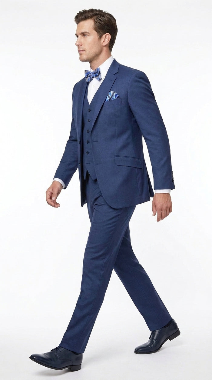 Men’s Big and Tall Indigo Blue 3 Piece Suit, Extra Long Modern Fit Wedding Business Formal Suit