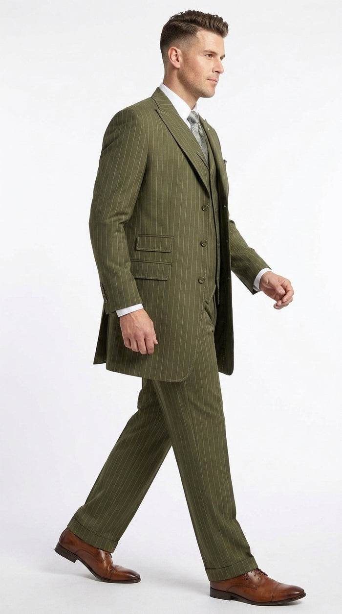 Men’s Big and Tall Olive Pinstripe 3 Piece Suit, Plus Size Long Jacket Formal Wedding Business Suit