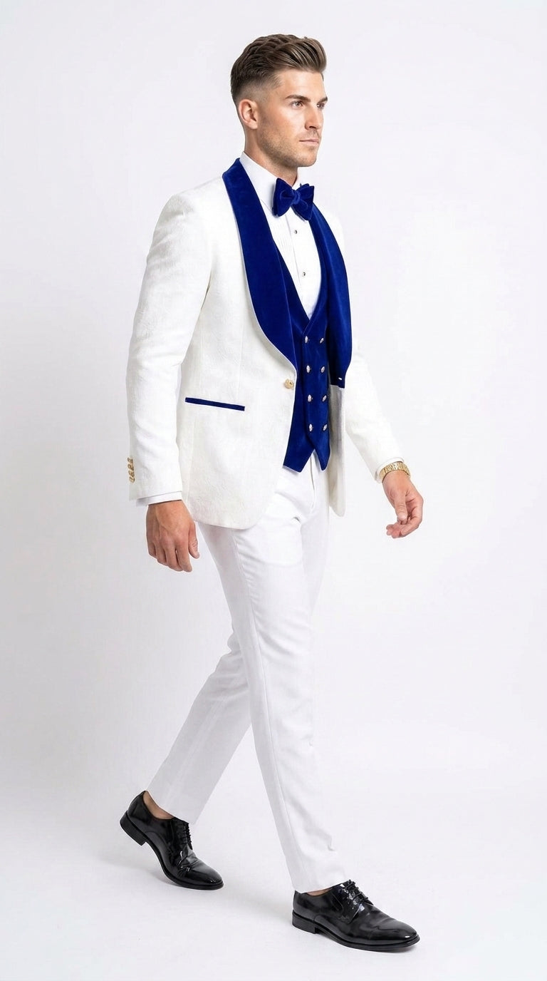 Men’s White and Royal Blue 3-Piece Tuxedo – Groom Wedding and Prom Suit with Velvet Shawl Lapel