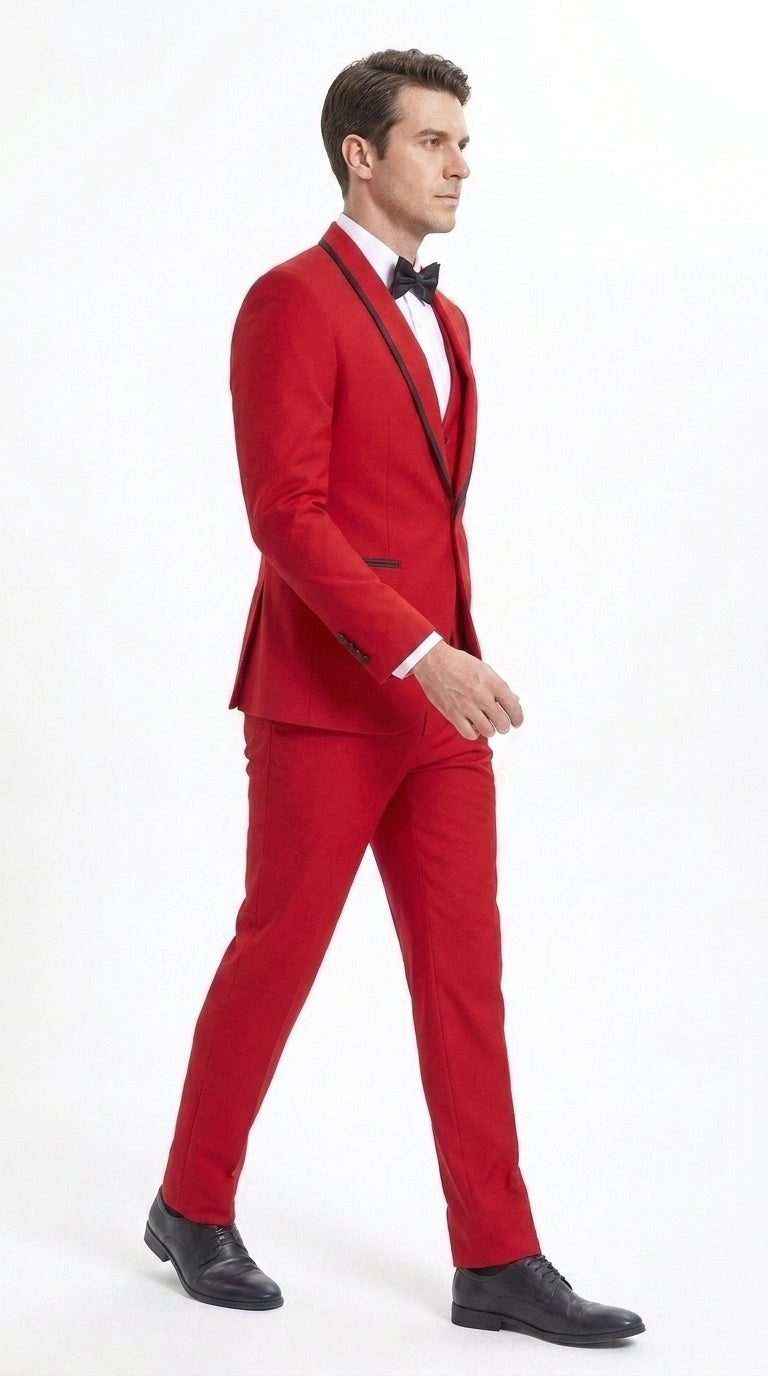 Men’s Trim Lapel Prom Tuxedo– 3 Piece Wedding Suit in Purple, Black, Red, Ivory, or Navy