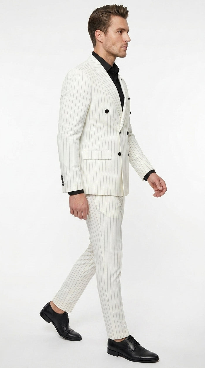 Men’s White Pinstripe Double Breasted Suit – Vintage 1920s 1940s Gangster Dress Suit
